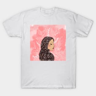 Floral hijabi girl and pink clouds T-Shirt